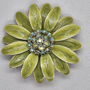 Vintage Signed TC Green Enamel Floral Flower w/Rhinestones Brooch Pin Jewelry